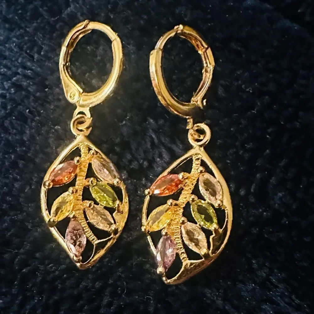 Vintage Style Golden Leaf Earrings with Multiple Colored Stones Grandmac